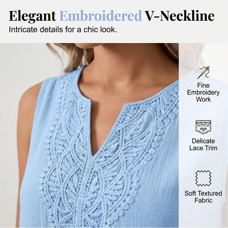 Robe d'été femme en coton et lin avec col V brodé