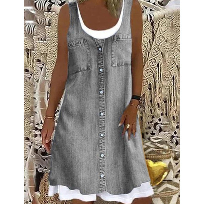 Robe courte femme effet denim sans manches à boutons