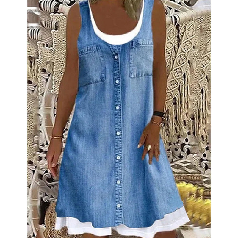 Robe courte femme effet denim sans manches à boutons