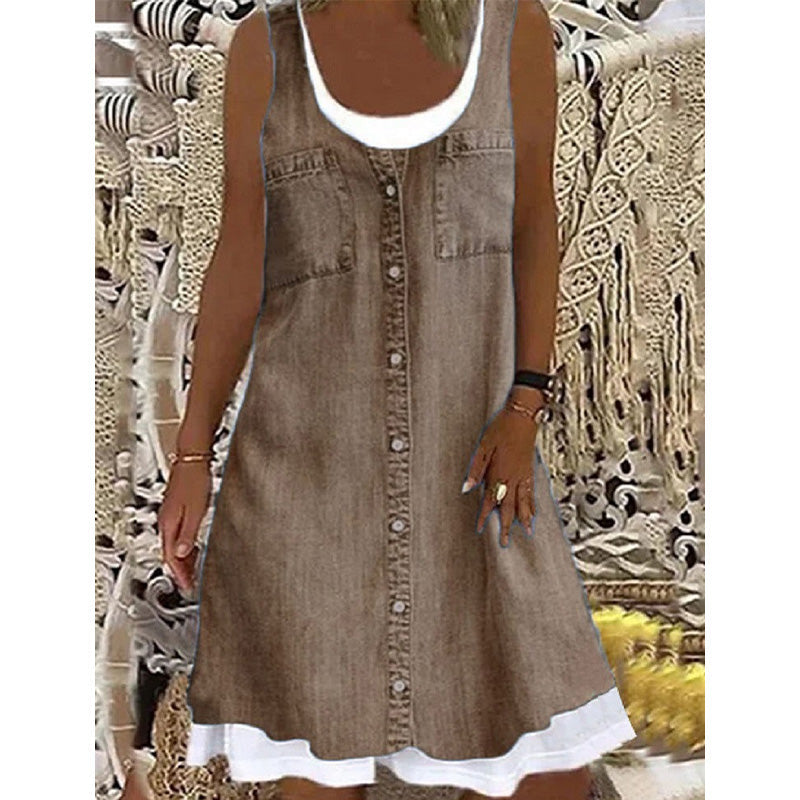 Robe courte femme effet denim sans manches à boutons