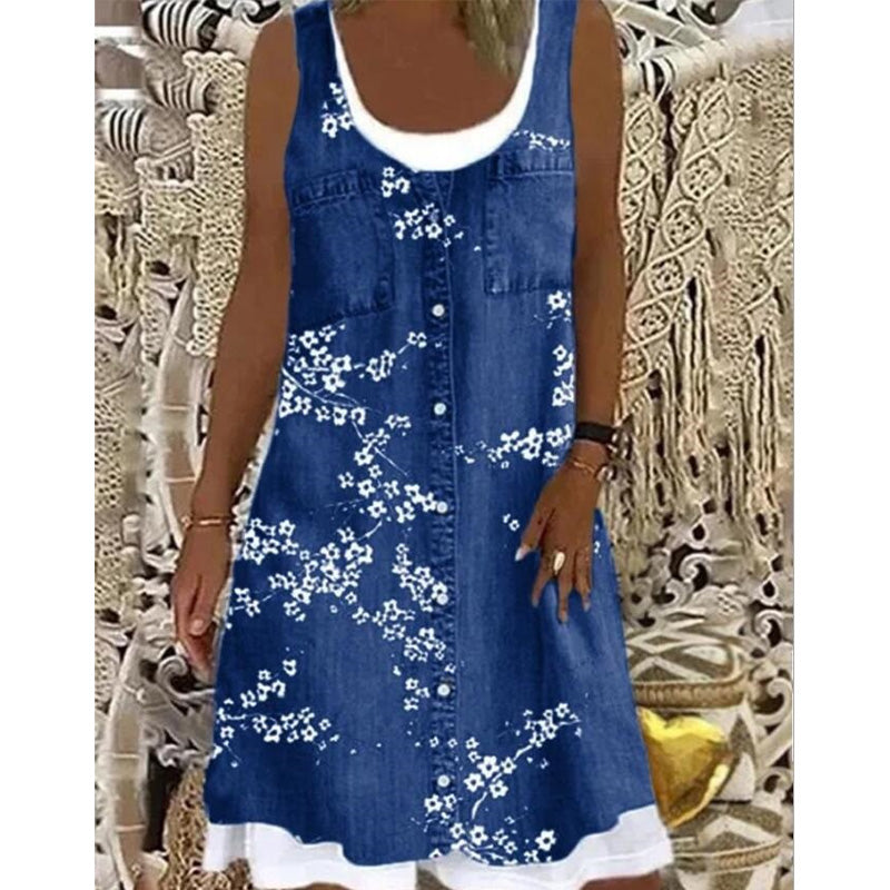 Robe courte femme effet denim sans manches à boutons