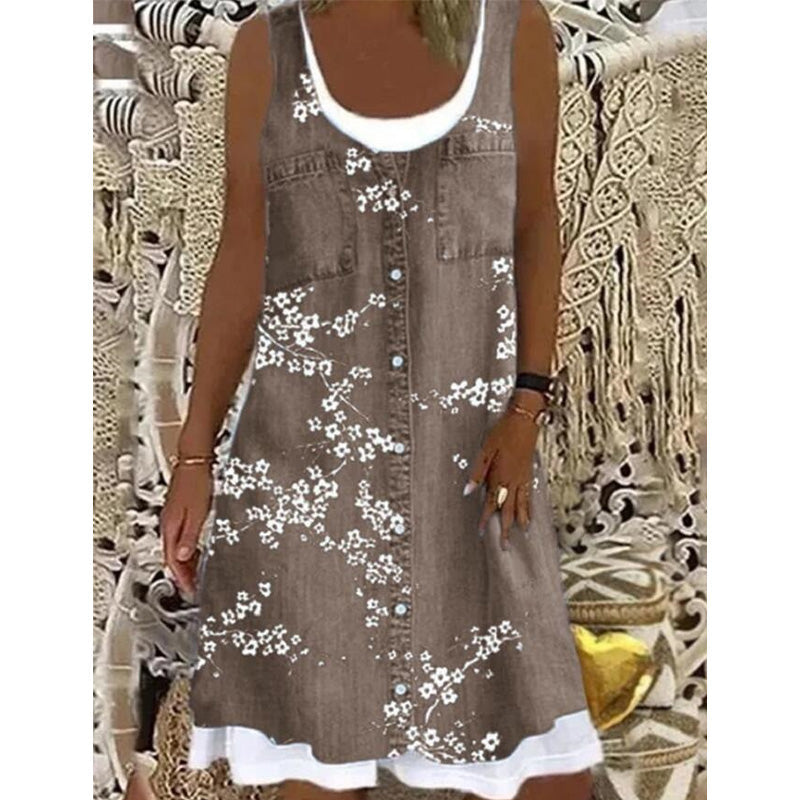 Robe courte femme effet denim sans manches à boutons