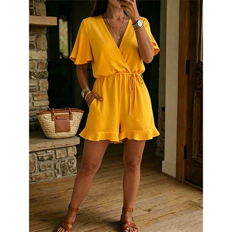 Combishort d’été femme à col V croisé et taille nouée