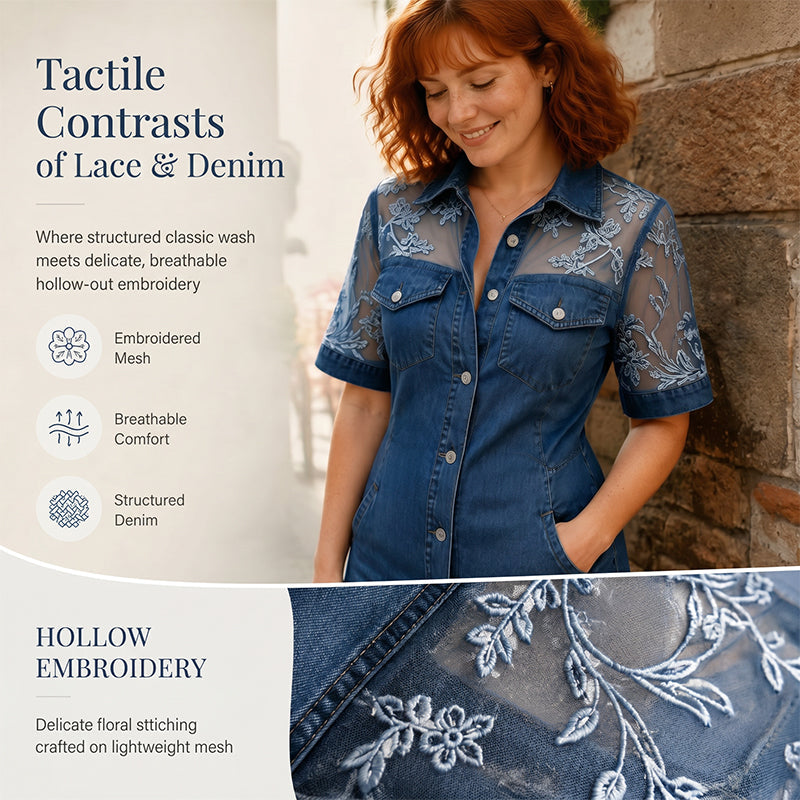 Robe chemise courte femme en denim avec dentelle transparente