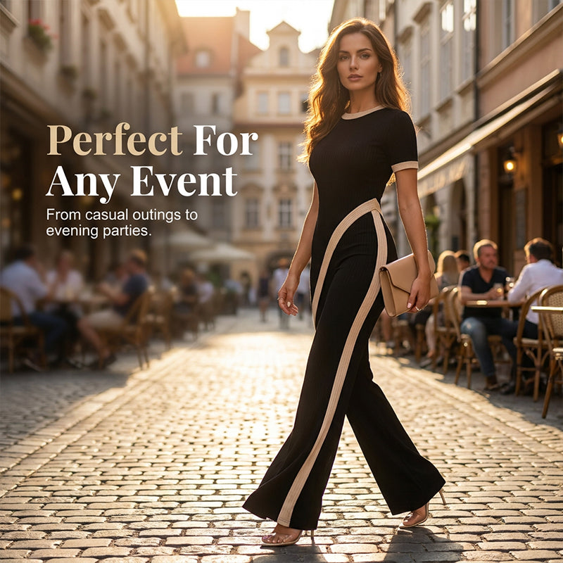 Ensemble femme asymétrique avec pantalon évasé contrasté