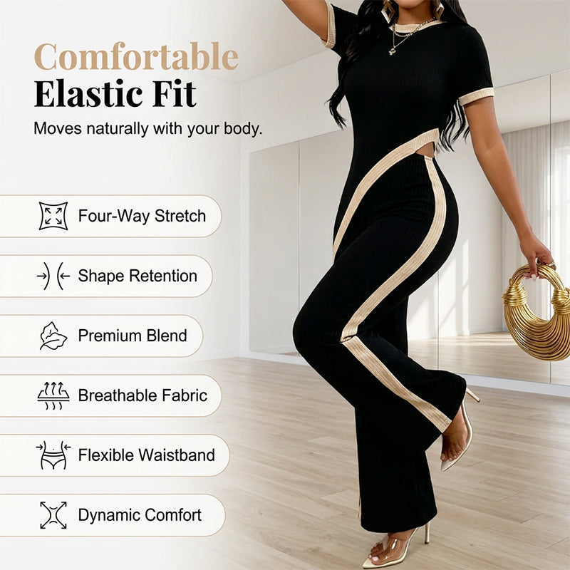 Ensemble femme asymétrique avec pantalon évasé contrasté