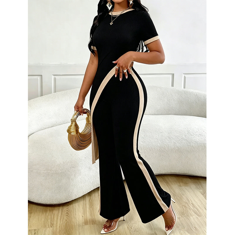 Ensemble femme asymétrique avec pantalon évasé contrasté