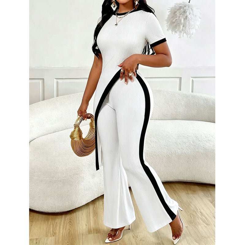 Ensemble femme asymétrique avec pantalon évasé contrasté