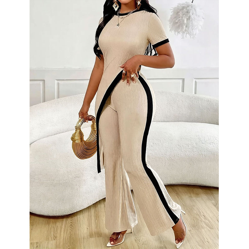 Ensemble femme asymétrique avec pantalon évasé contrasté