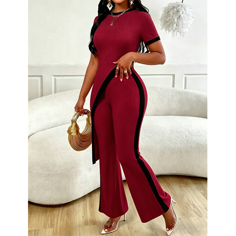Ensemble femme asymétrique avec pantalon évasé contrasté