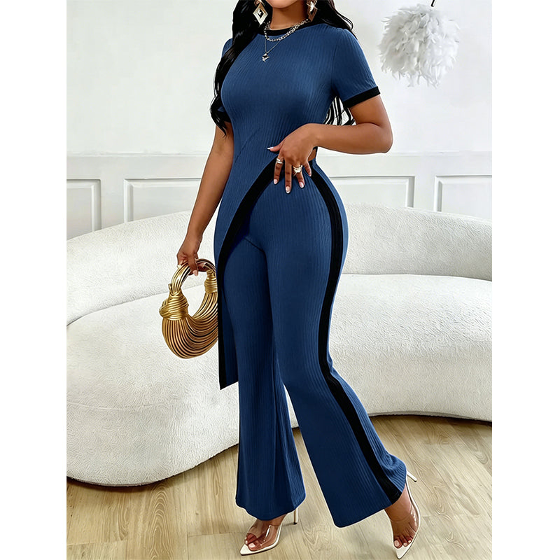 Ensemble femme asymétrique avec pantalon évasé contrasté