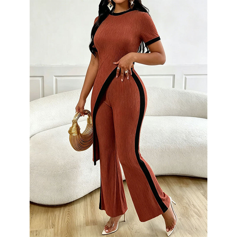 Ensemble femme asymétrique avec pantalon évasé contrasté