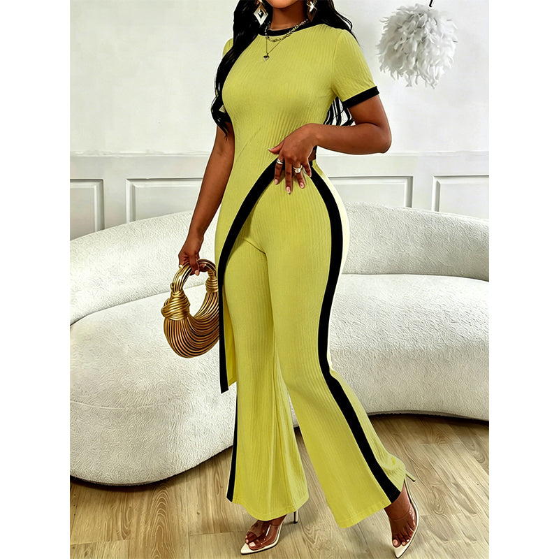 Ensemble femme asymétrique avec pantalon évasé contrasté