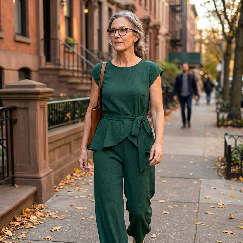 Ensemble femme chic avec haut ceinturé et pantalon large