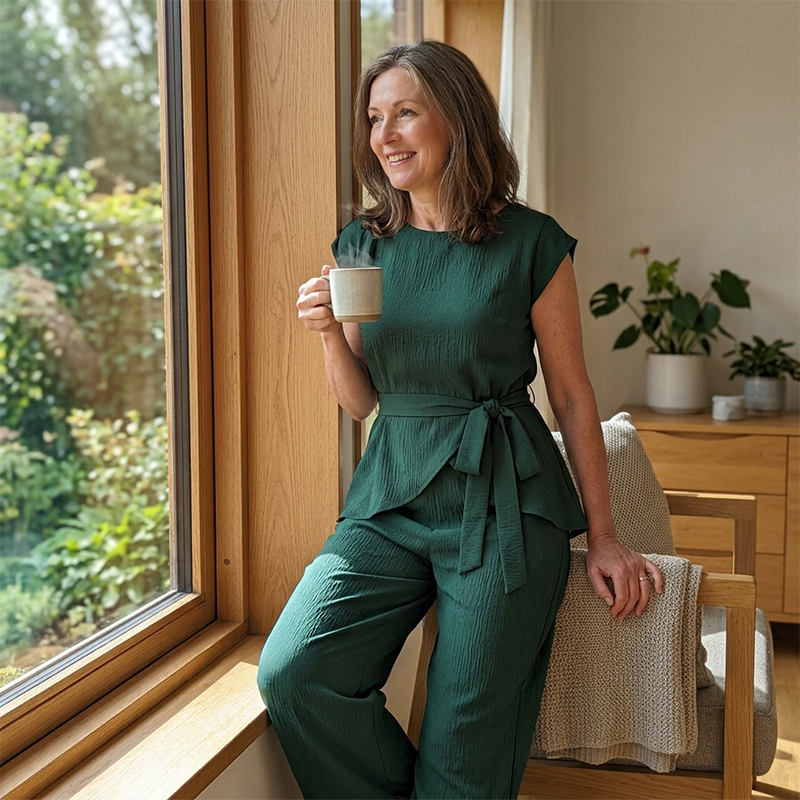 Ensemble femme chic avec haut ceinturé et pantalon large
