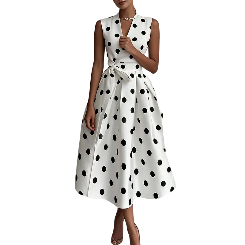 Robe femme sans manches à pois avec col V et ceinture