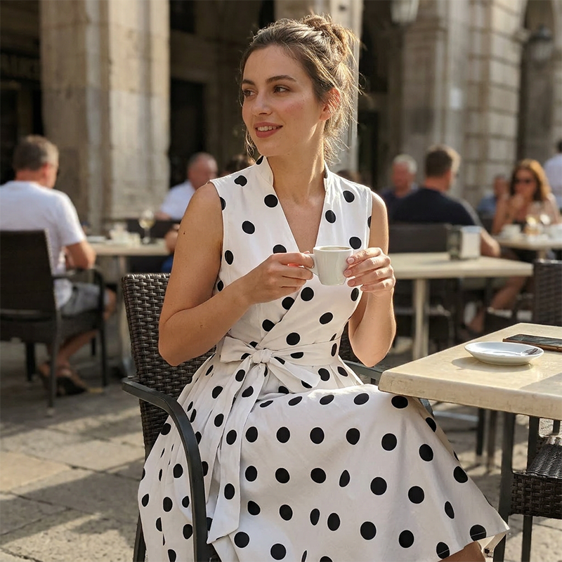 Robe femme sans manches à pois avec col V et ceinture