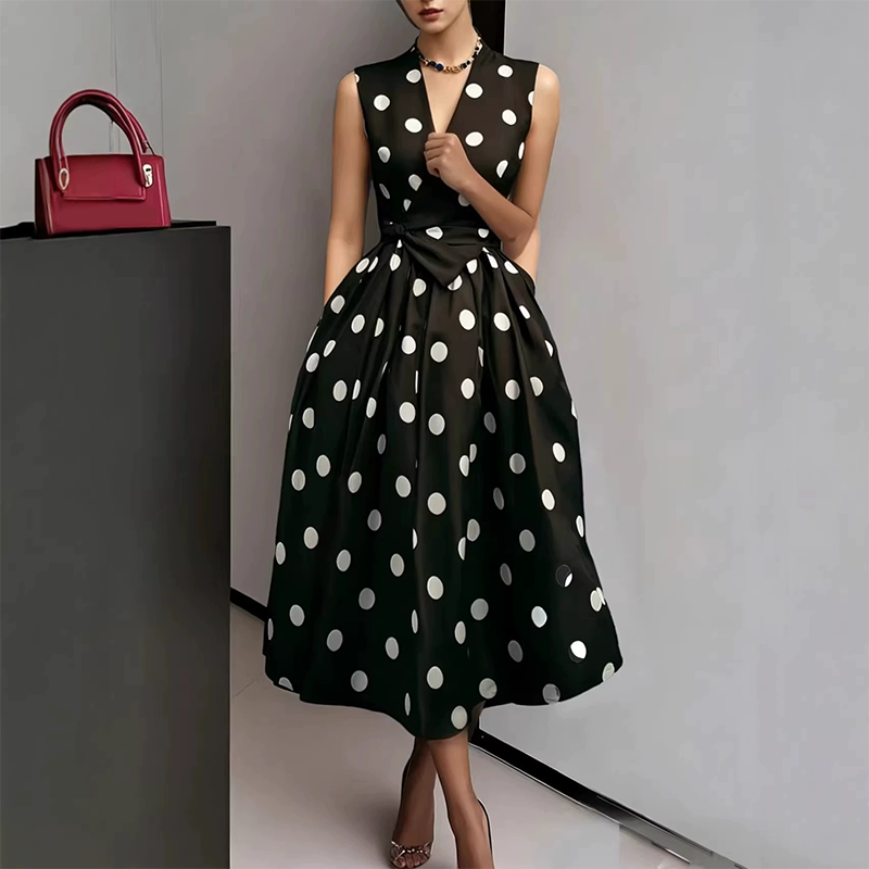 Robe femme sans manches à pois avec col V et ceinture