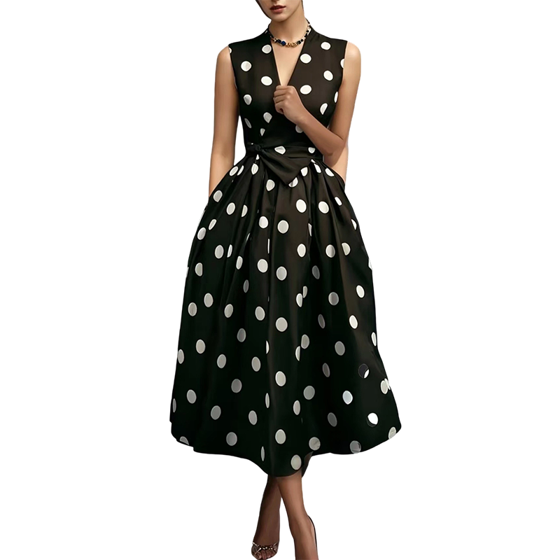 Robe femme sans manches à pois avec col V et ceinture