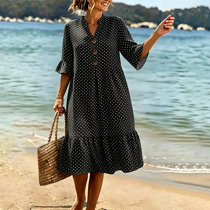 Robe midi femme à pois et manches volantées