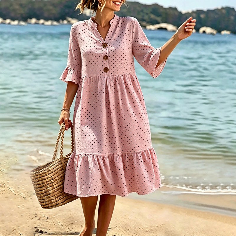 Robe midi femme à pois et manches volantées