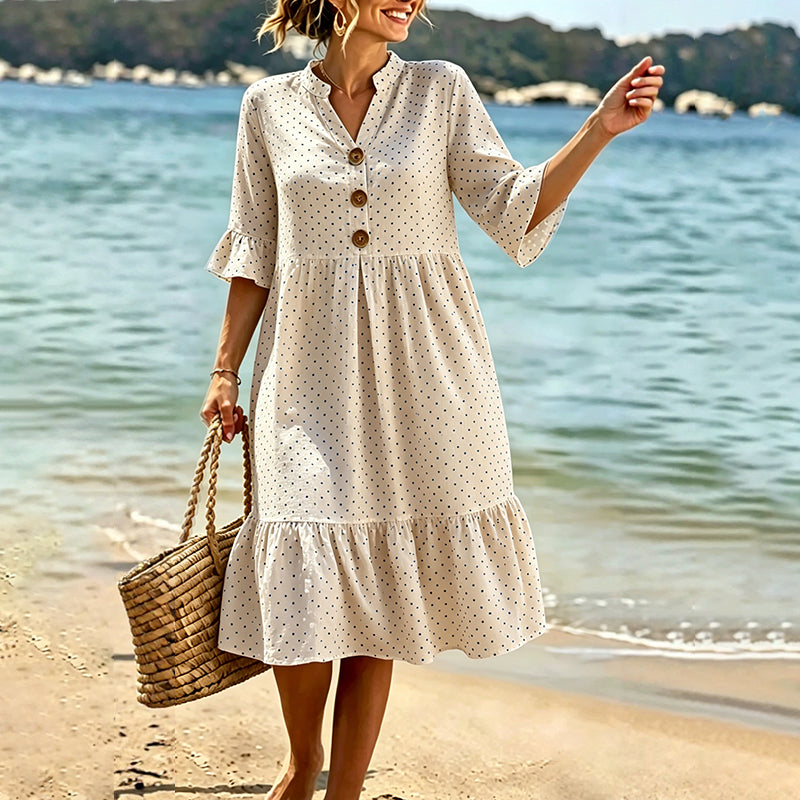 Robe midi femme à pois et manches volantées