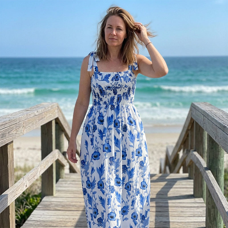 Robe longue d’été femme à imprimé floral et corsage smocké