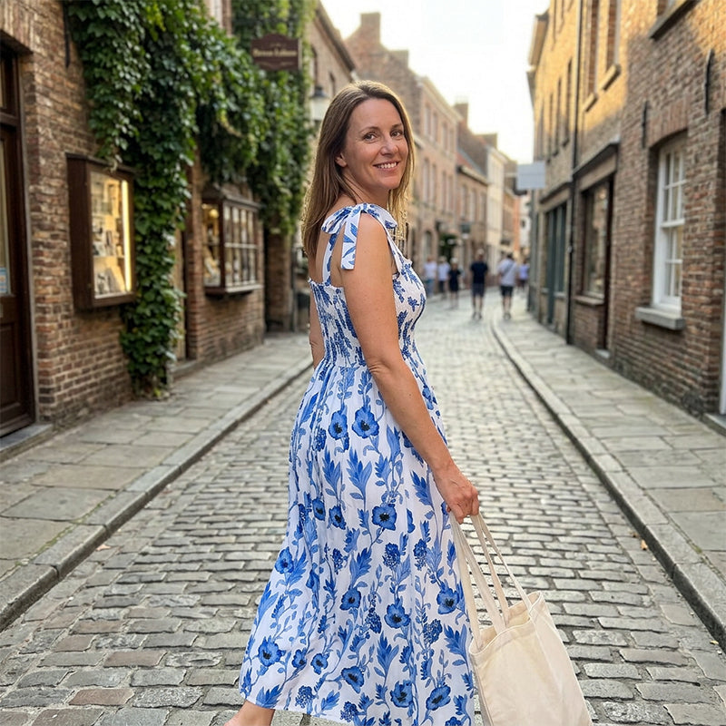 Robe longue d’été femme à imprimé floral et corsage smocké