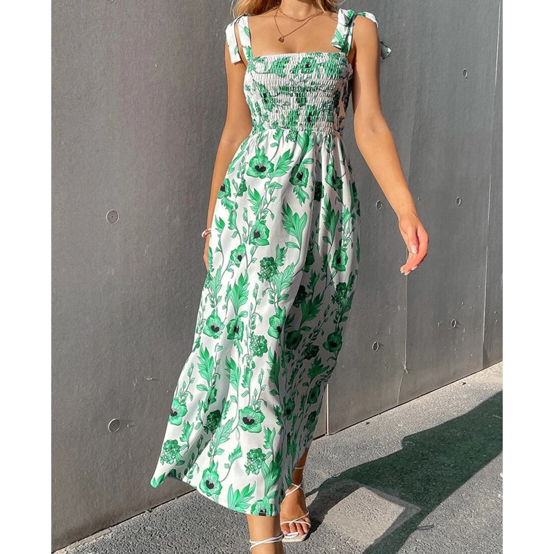 Robe longue d’été femme à imprimé floral et corsage smocké