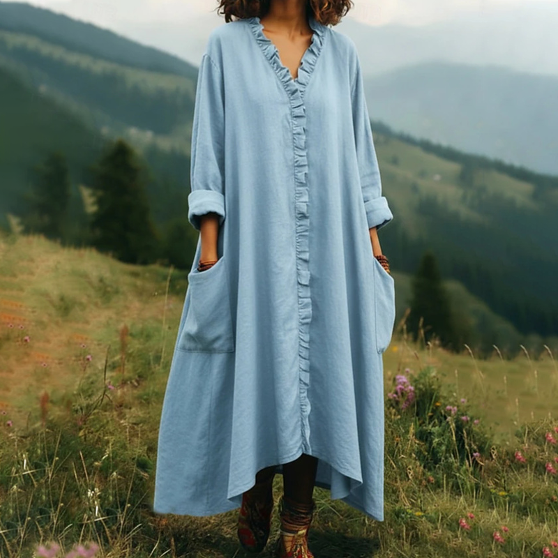 Robe longue femme fluide à volants et col V