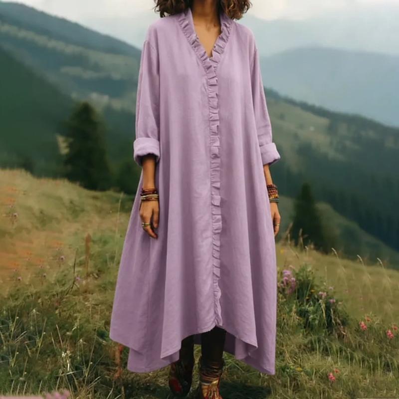 Robe longue femme fluide à volants et col V
