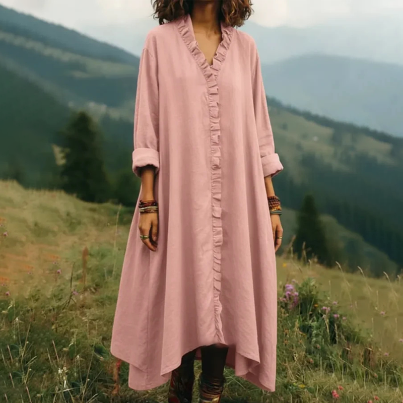 Robe longue femme fluide à volants et col V