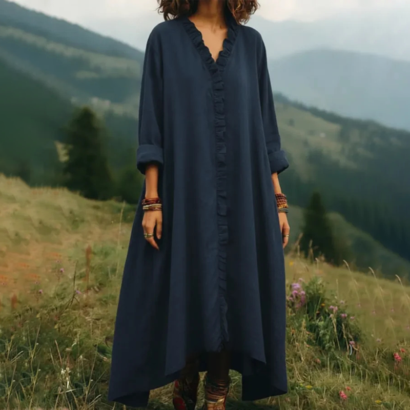 Robe longue femme fluide à volants et col V