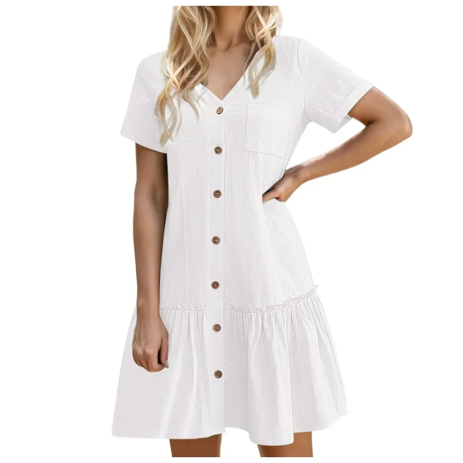 Robe courte femme coton lin à boutons et ourlet volanté