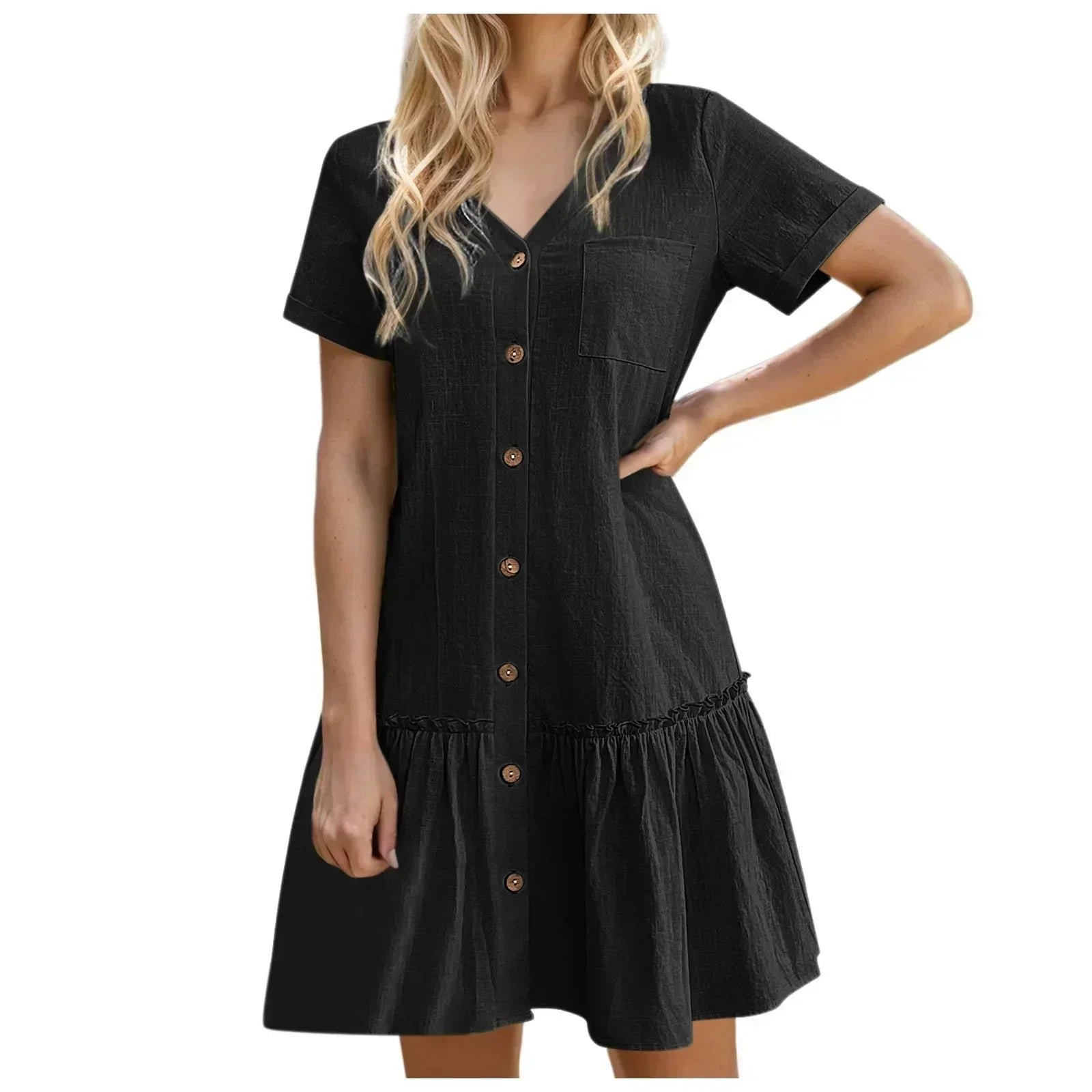 Robe courte femme coton lin à boutons et ourlet volanté