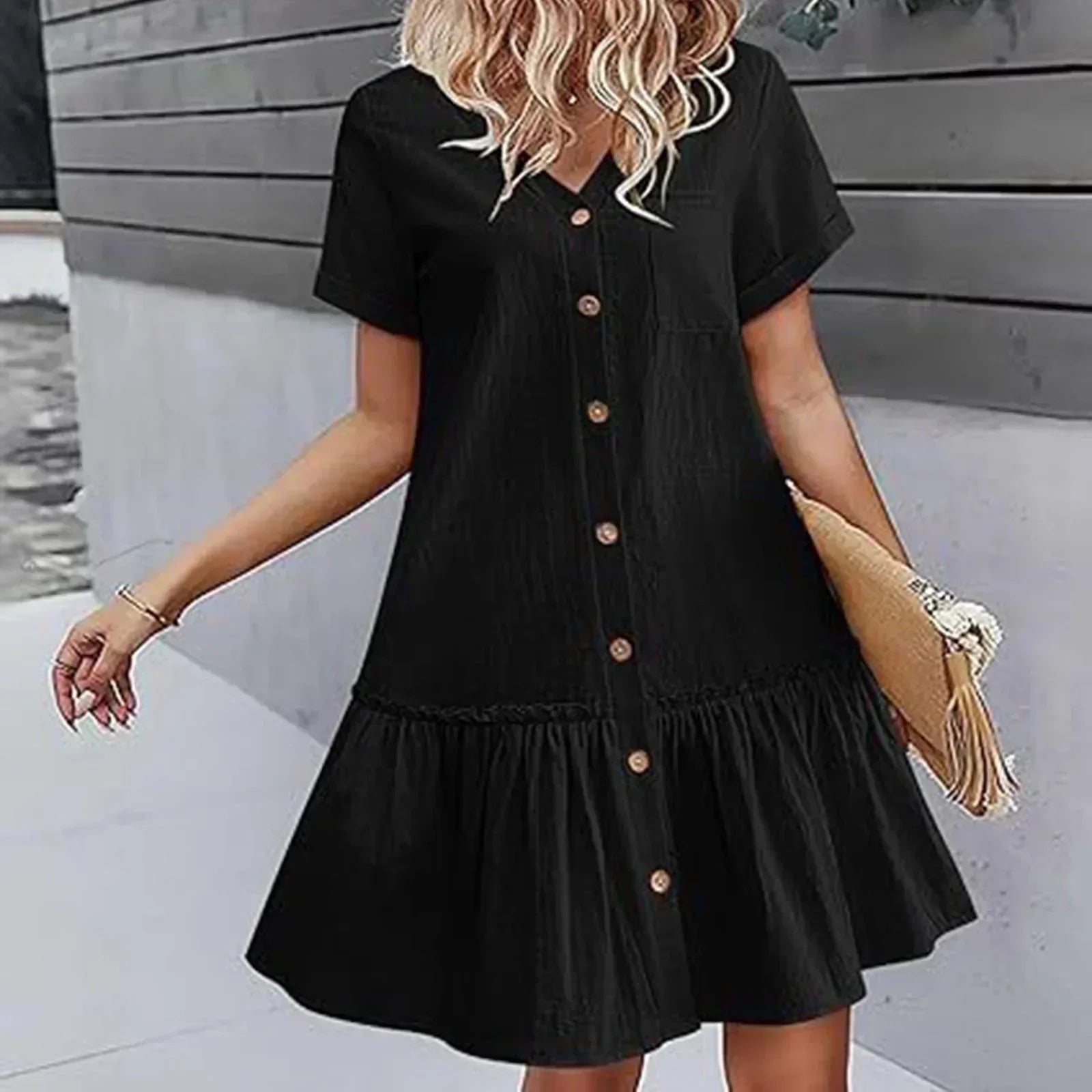 Robe courte femme coton lin à boutons et ourlet volanté
