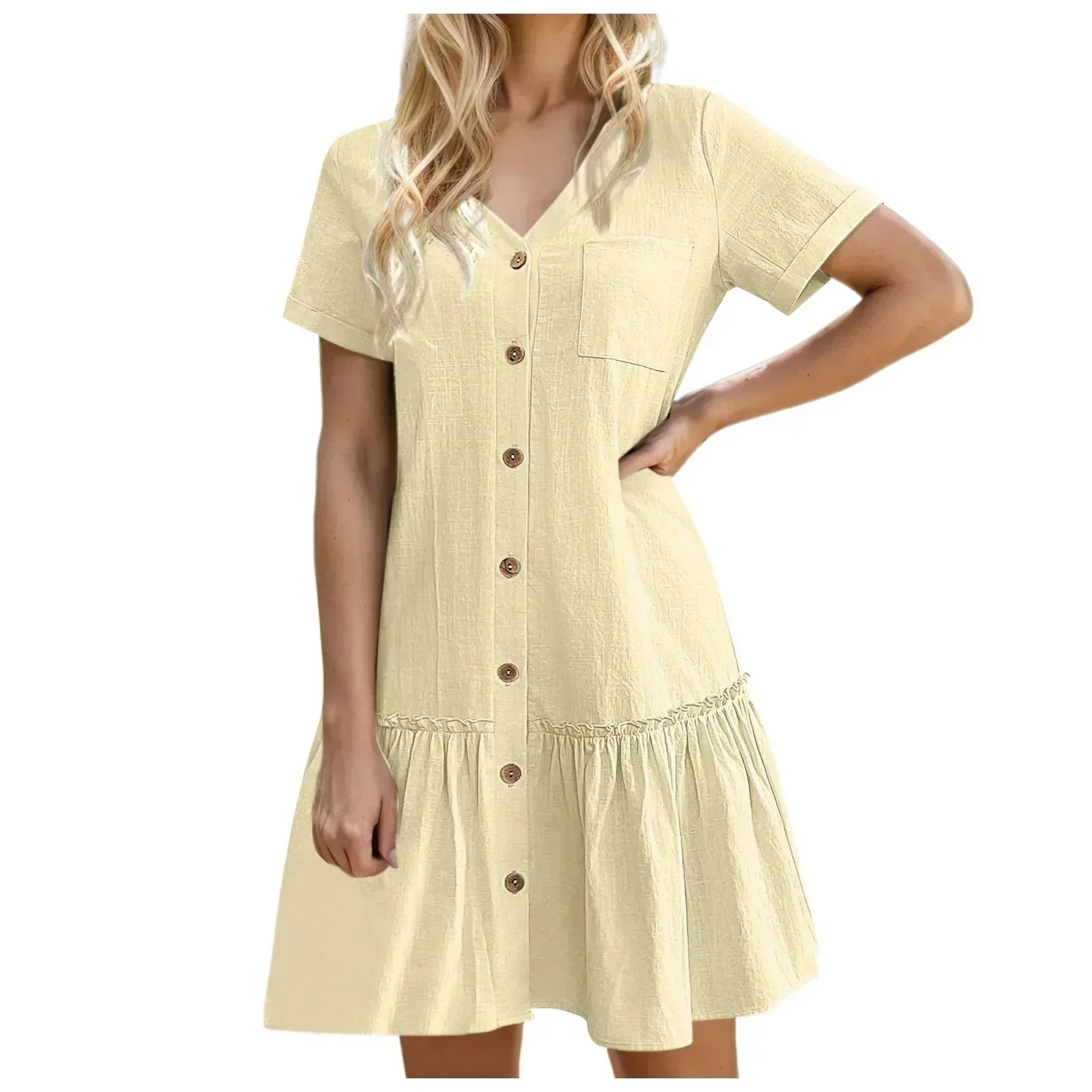 Robe courte femme coton lin à boutons et ourlet volanté