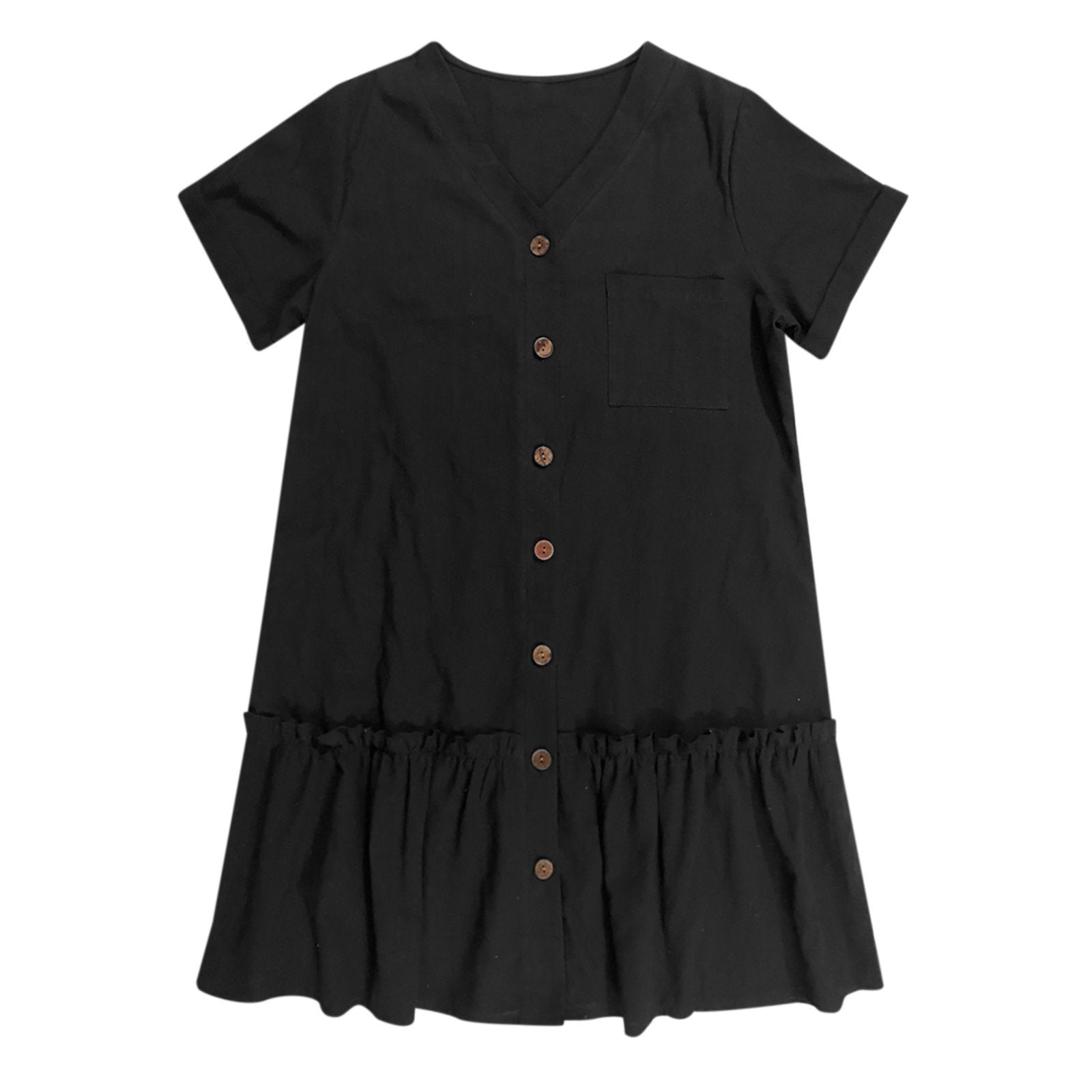 Robe courte femme coton lin à boutons et ourlet volanté