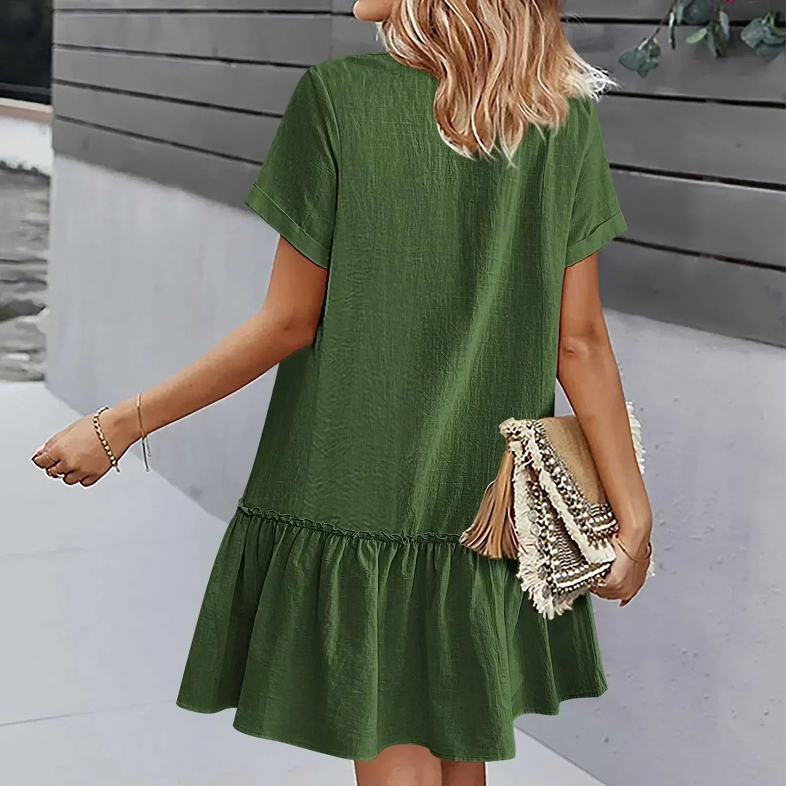 Robe courte femme coton lin à boutons et ourlet volanté