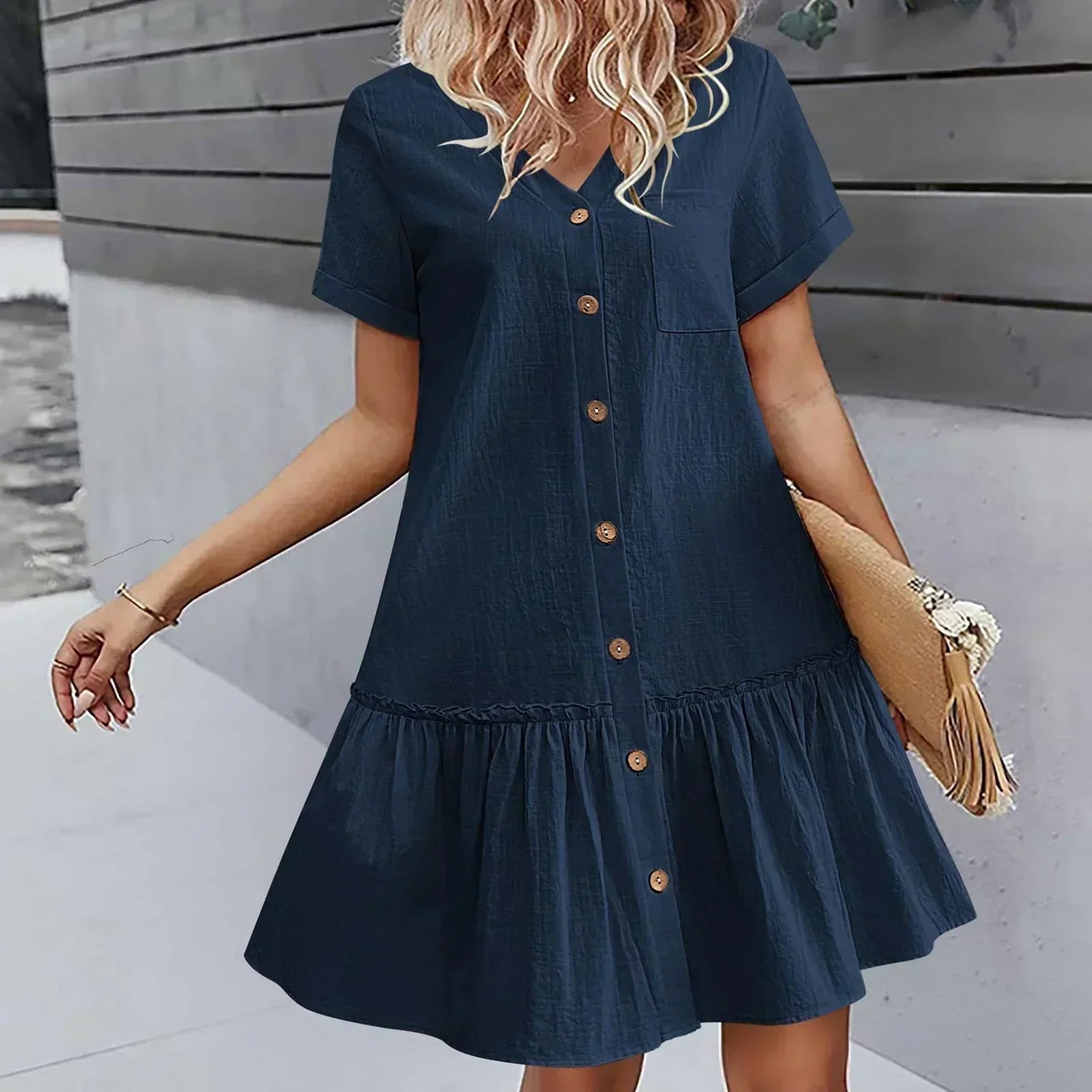 Robe courte femme coton lin à boutons et ourlet volanté