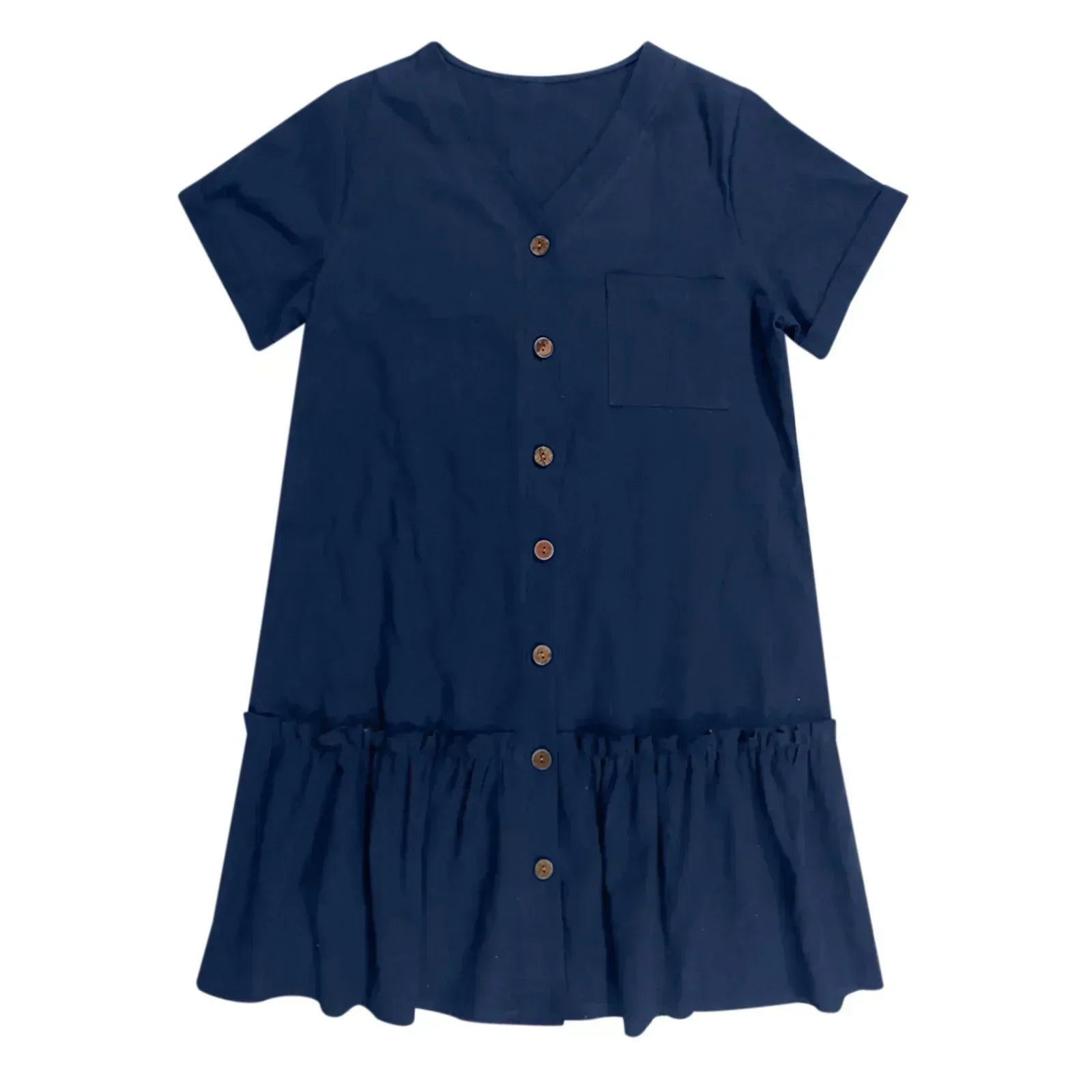 Robe courte femme coton lin à boutons et ourlet volanté
