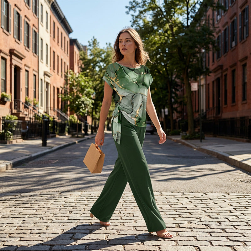 Ensemble deux pièces femme avec haut imprimé et pantalon large