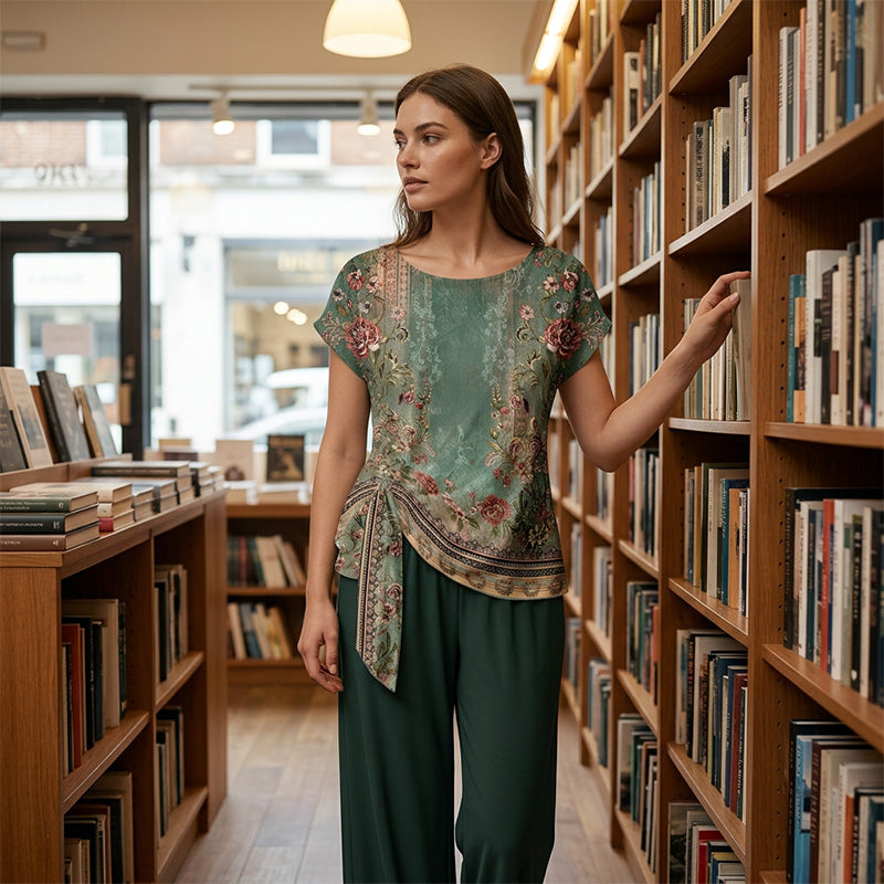 Ensemble deux pièces femme avec haut imprimé et pantalon large