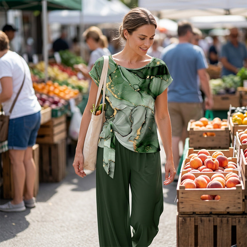 Ensemble deux pièces femme avec haut imprimé et pantalon large