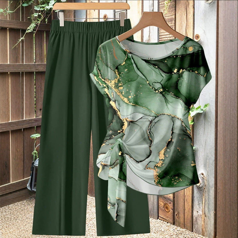 Ensemble deux pièces femme avec haut imprimé et pantalon large
