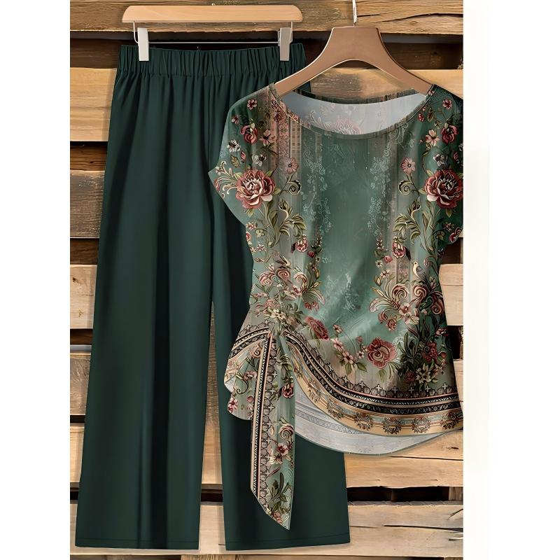 Ensemble deux pièces femme avec haut imprimé et pantalon large
