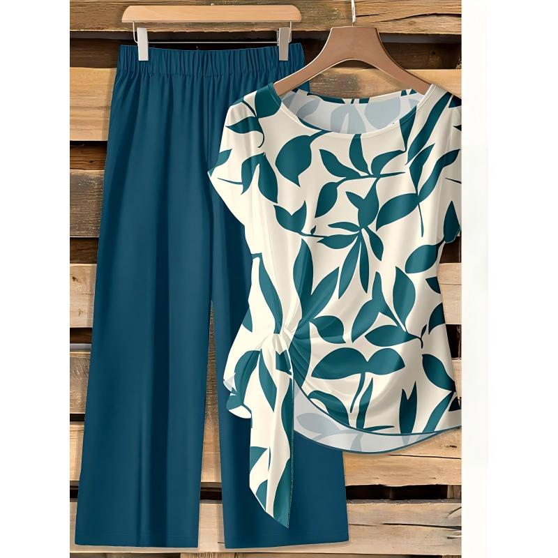 Ensemble deux pièces femme avec haut imprimé et pantalon large