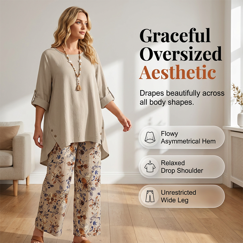 Ensemble deux pièces femme coton lin avec pantalon floral