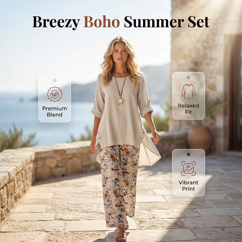 Ensemble deux pièces femme coton lin avec pantalon floral