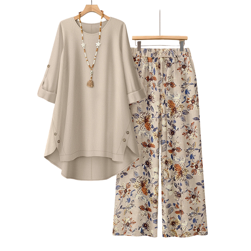 Ensemble deux pièces femme coton lin avec pantalon floral